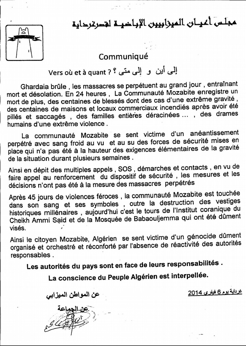 Gharda&iuml;a brule, les massacres se perp&eacute;tuent au grand jour, entra&icirc;nant mort et d&eacute;solation. En 24 heures, la communaut&eacute; Mozabite enregistre un mort de plus, des centaines de bless&eacute;s dont des cas d&rsquo;une extr&ecirc;me gravit&eacute;.